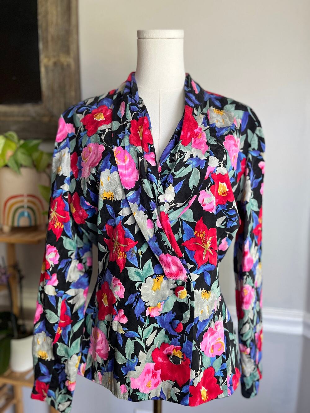 Vintage 90s Floral Silk Blouse Secretary Romantic Collared Size Medium